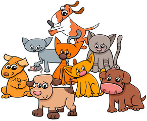 kitten and puppies group cartoon illustration