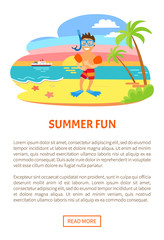 Summer fun, boy on beach vector, summertime hobby of child, active relaxation. Kid wearing equipment for snorkelling and diving underwater. Website or webpage template, landing page