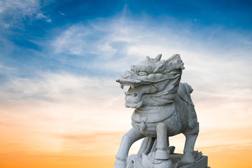 Obraz premium Buddhist sculpture. Singha Stone statue in Bangkok, Thailand