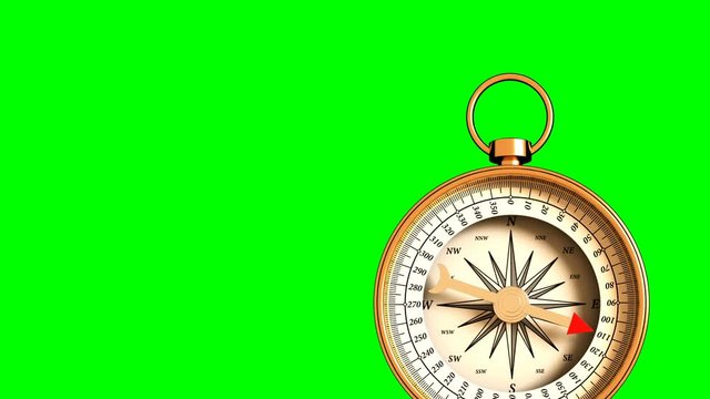 Compass Indicating Direction On Green Screen. 4K. Ultra High Definition. 3840x2160. 3D Animation.