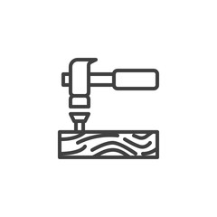 Hammer, nail and wood plank line icon. linear style sign for mobile concept and web design. Hammering nails into wood outline vector icon. House construction symbol, logo illustration. Vector graphics