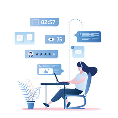 Online support and feedback, female consultant with headphone at workplace