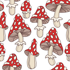 Seamless pattern with toadstool mushrooms