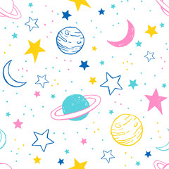 Seamless pattern with colorful doodle planets and stars on white background