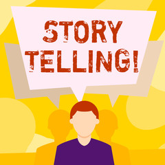 Conceptual hand writing showing Story Telling. Concept meaning activity writing stories for publishing them to public Faceless Man has Two Shadows with Speech Bubble Overlapping