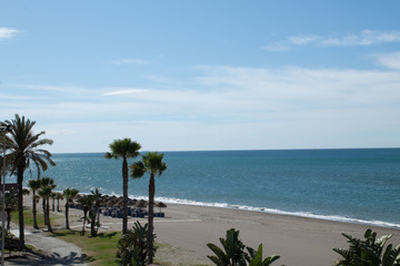 Palm trees by the sea on the beach against the backdrop of the mountain ridge and the seaside town