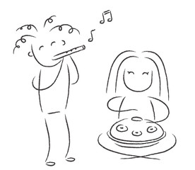The girl plays the hand drum. The boy plays the flute. Sketch. Illustration.