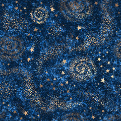 Galaxy seamless dark blue textured pattern with gold nebula, constellations and stars - 274092383