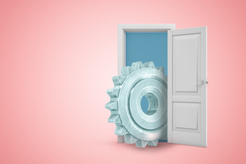 3d rendering of open door on pink gradient copyspace background and big gearwheel in doorway.