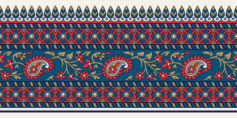 Woodblock printed indigo dye seamless ethnic floral border. Traditional oriental ornament of India, paisley motif, blue, red and gold tones on ecru background. Textile design. - 274093194