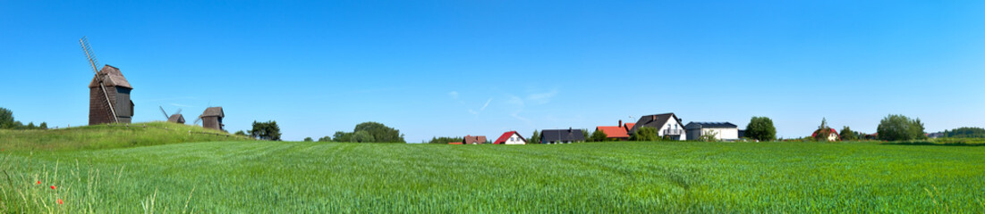Fototapeta na wymiar Panoramic image with historical windmill and roofs of rural houses behind wheet field in Spring.