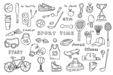 Set of sport elements with lettering. Funny doodle hand drawn vector illustration. Cute cartoon black and white collection.