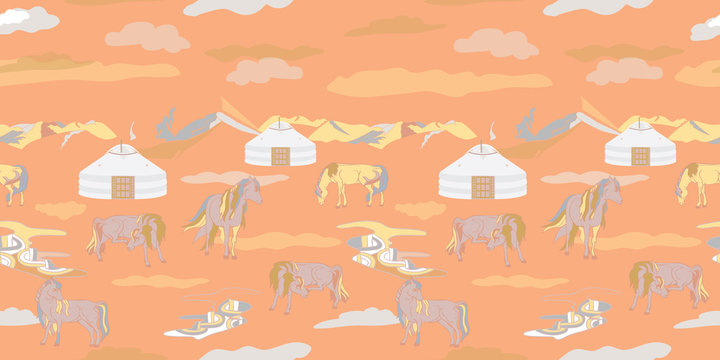 Seamless illustration of mongolian traditional family gers, relaxing and playful horses in different poses, mountains and clouds in a landscape of Mongolia. Vector pattern in shades of yellow, cream,