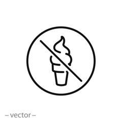 do not eat ice cream icon, stop, prohibition with ice cream, line symbol on white background - editable stroke vector illustration
