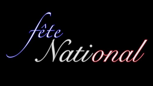 Fete Nationale caption in French National Celebration, Bastille Day 14 July , glowing text
