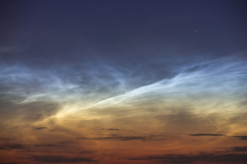 Noctilucent clouds closeup summer night.