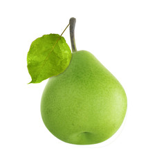 green pear with leaf isolated on white background