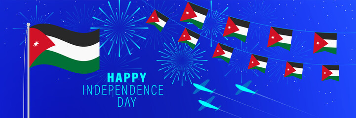 May 25 Jordan Independence Day greeting card. Celebration background with fireworks, flags, flagpole and text.