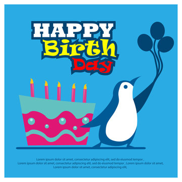 Happy birthday vector design with penguin bring balloons.