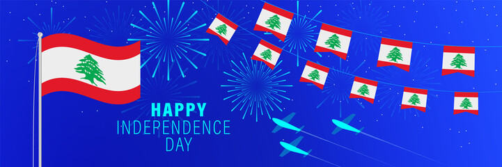 November 22 Lebanon Independence Day greeting card. Celebration background with fireworks, flags, flagpole and text.