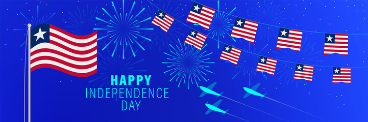 July 26 Liberia Independence Day greeting card. Celebration background with fireworks, flags, flagpole and text.