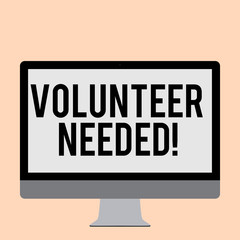 Word writing text Volunteer Needed. Business photo showcasing need work for organization without being paid Blank White Computer Monitor WideScreen Mounted on a Stand for Technology