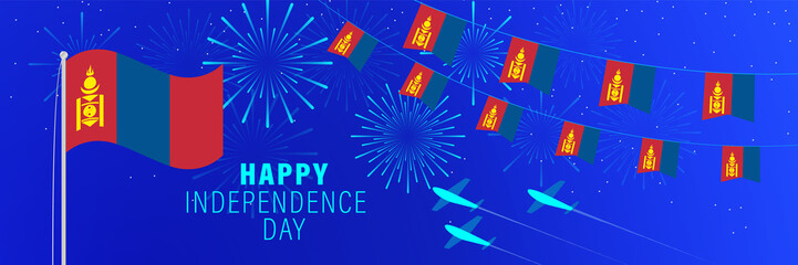 December 29 Mongolia Independence Day greeting card. Celebration background with fireworks, flags, flagpole and text.