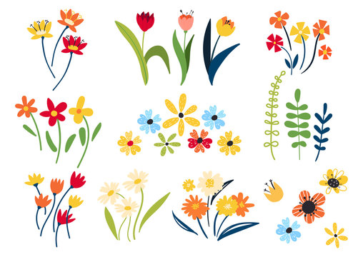 Collection of wild and garden blooming flowers isolated on white background. Wildflowers in flat style. Bundle of bouquets. Set of decorative floral design elements.