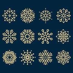 Snowflakes icon collection. Graphic modern dark blue and gold ornament