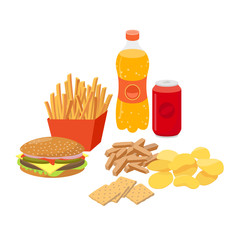 Fast food, junk food set in flat design, vector illustrations isolated on white background.
