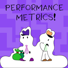 Text sign showing Perforanalysisce Metrics. Business photo text used measuring and tracking perforanalysisce production Figure of Two Men Standing with Pouch Bag on White Sticker Style Snow Effect