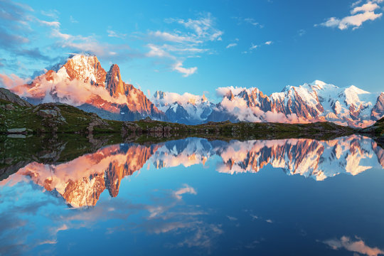 Sunset panorama of the Lac Blanc lake with Mont Blanc (Monte Bianco) on background in Chamonix location. Beautiful outdoor scene in Vallon de Berard Nature Reserve, France © Rastislav Sedlak SK
