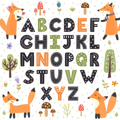 Fototapeta Forest alphabet with cute foxes. Hand drawn letters from A to Z obraz