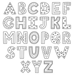 Black and white alphabet. Hand drawn outline ABC