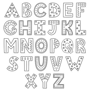 Black and white alphabet. Hand drawn outline ABC