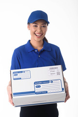 Happy delivery woman staff holding parcel box