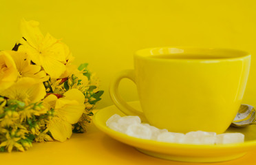  A beautiful still life in yellow tones from a bouquet of yellow flowers and a cup of tea with sugar