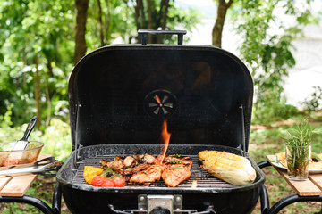 Roasted chicken drum stick, chest and sirloin beef and pork with flame on charcoal stove