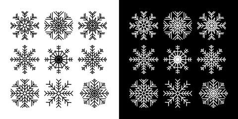 Snowflake set on white and black background. Vector illustration. Can be used for greeting card, invitation, banner, web