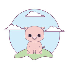 cute piggy animal in landscape natural isolated icon