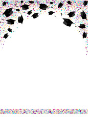 Graduate caps on bright multi colored confetti background. Graduate ceremony horizontal banner or card. Vector