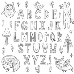 Black and white alphabet with forest animals. Great for coloring page, posters and children design