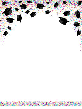 Graduate caps on bright multi colored confetti background. Graduate ceremony horizontal banner or card. Vector