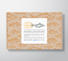 Fish Pattern Realistic Cardboard Box with Banner. Abstract Vector Packaging Design or Label. Modern Typography, Hand Drawn Pangasius or Basa Silhouette. Craft Paper Background Layout.