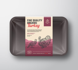 Fine Quality Organic Poultry. Abstract Vector Meat Plastic Tray Container with Cellophane Cover. Vertical Packaging Design Label. Hand Drawn Turkey Silhouettes Landscape Background Layout.
