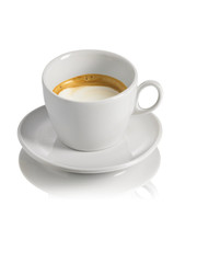 double espresso, stained with milk foam, isolated on white background