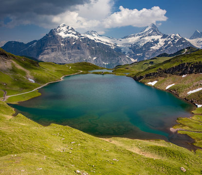 Swiss beauty, Schreckhorn and Wetterhorn  above Bachalpsee lake, Bernese Oberland, Switzerland, Europe