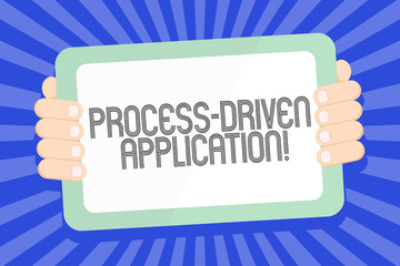 Text sign showing Process Driven Application. Business photo text workflow engine where process can be exposed Color Tablet Smartphone with Blank Screen Handheld from the Back of Gadget