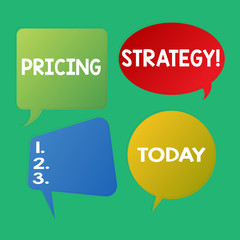 Word writing text Pricing Strategy. Business photo showcasing refers method companies use price their products services Blank Speech Bubble Sticker in Different Shapes and Color for Multiple Chat