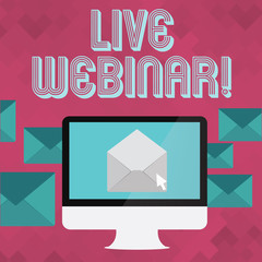 Naklejka premium Writing note showing Live Webinar. Business concept for presentation lecture or seminar transmitted over Websites Open Envelope inside Computer Letter Casing Surrounds the PC